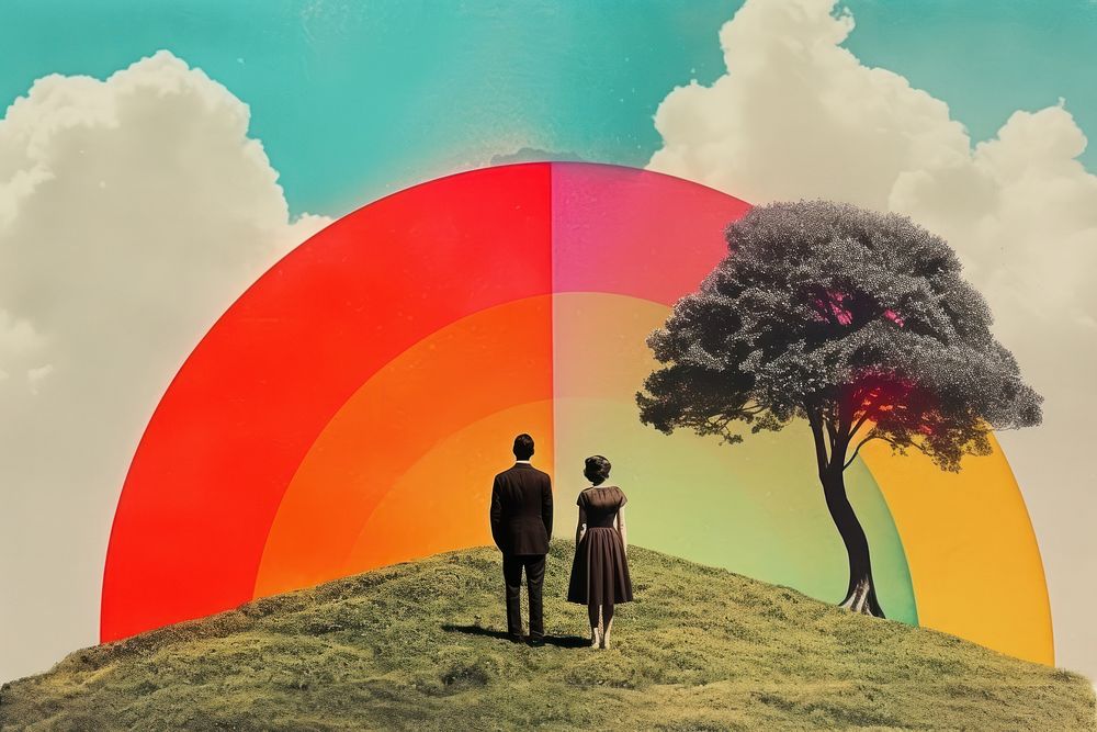 Collage Retro dreamy of women couple tree outdoors nature.