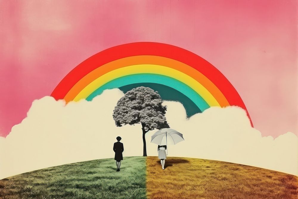 Collage Retro dreamy of women couple rainbow tree art.