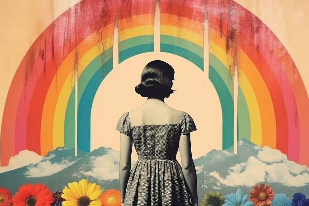 Collage Retro dreamy of women art painting rainbow.