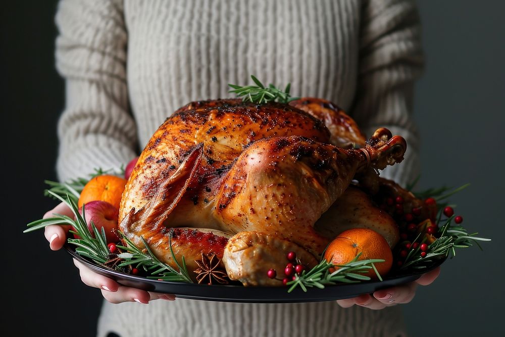 Women holding a Platter With Roast Turkey thanksgiving dinner turkey.