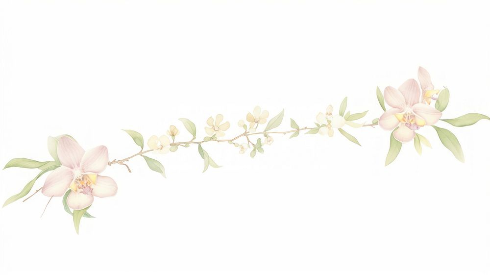 Orchid branch as line watercolour illustration flower plant white background.