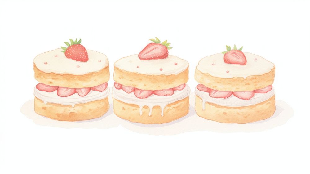 Strawberry cakes as line watercolour illustration dessert fruit cream.