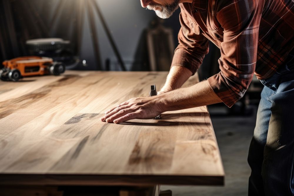 Carpenter making wooden flooring at home adult table hand.