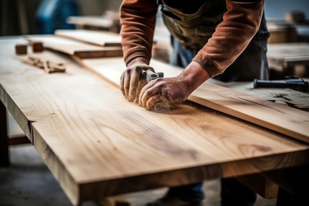 Carpenter making wooden flooring at home adult hand craftsperson.