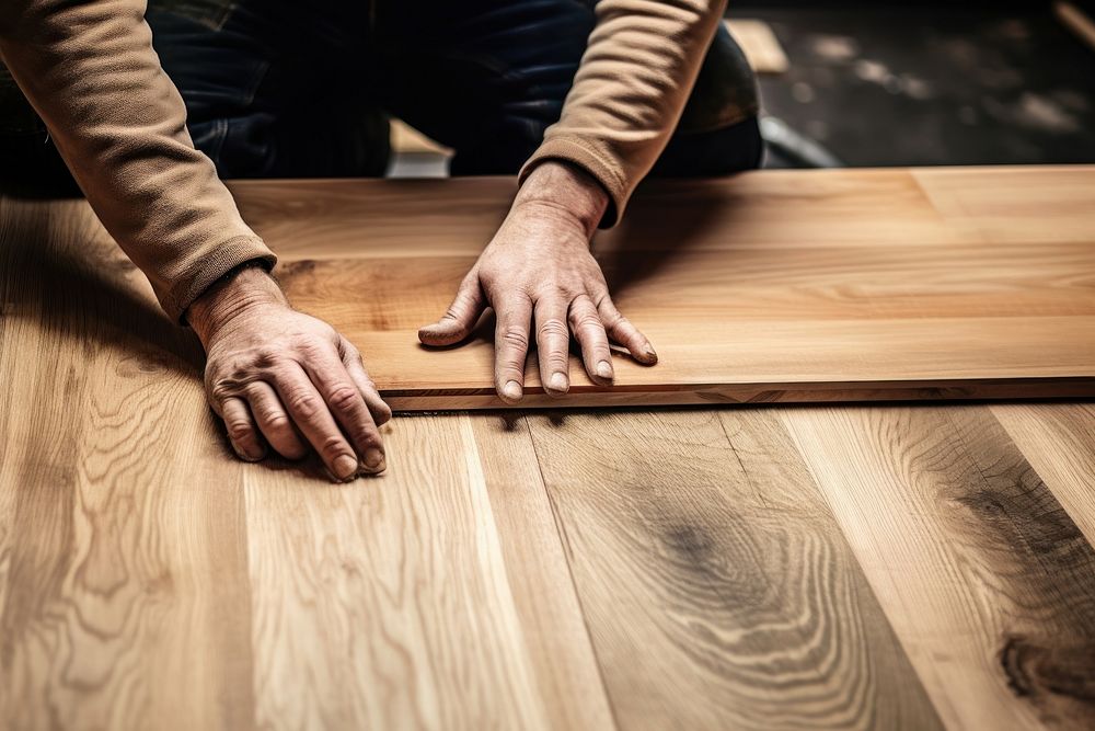 Carpenter making wooden flooring at home hardwood adult hand.