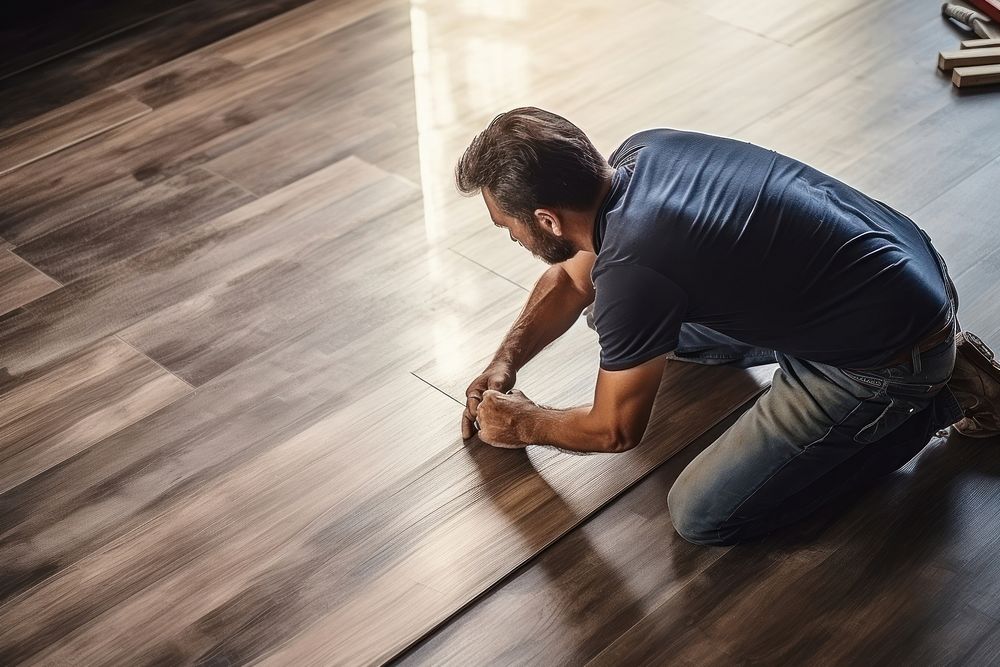 Carpenter installing wooden flooring adult concentration exercising.