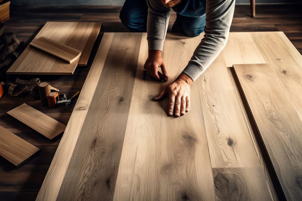 Carpenter making wooden flooring at home hardwood adult architecture.