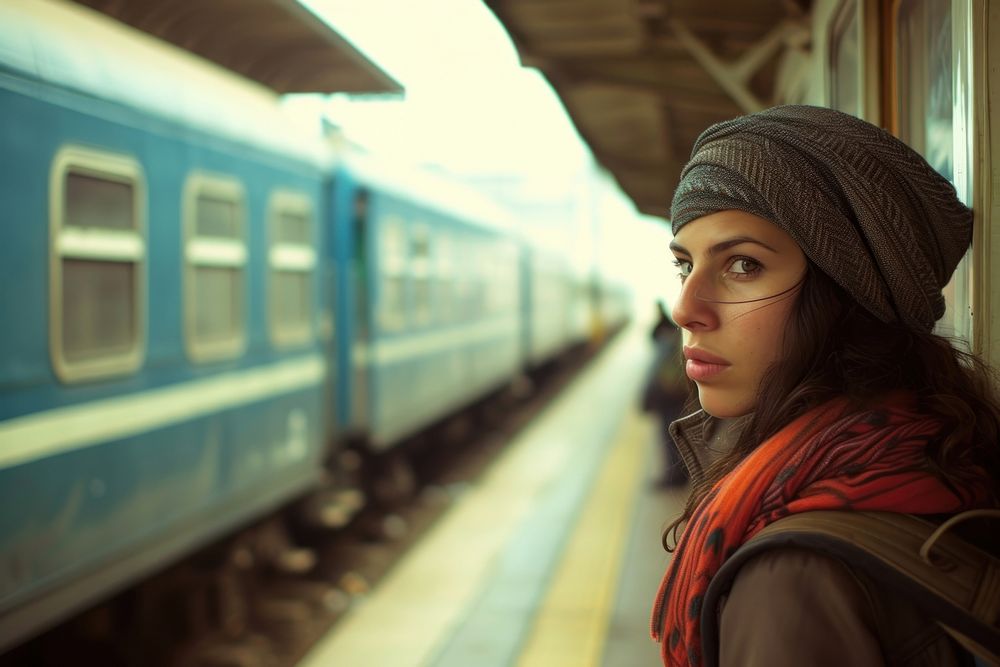 Israeli woman passenger waiting on railway station train portrait vehicle.