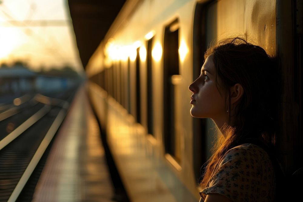 Israeli woman passenger waiting on railway station train portrait vehicle.