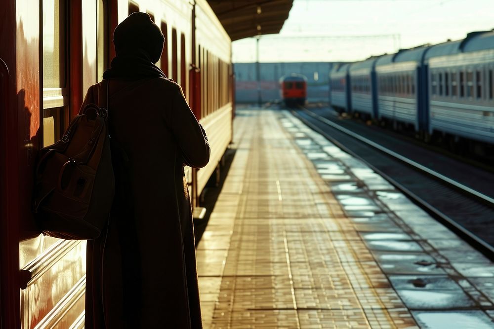 Israeli woman passenger waiting on railway station train vehicle travel.