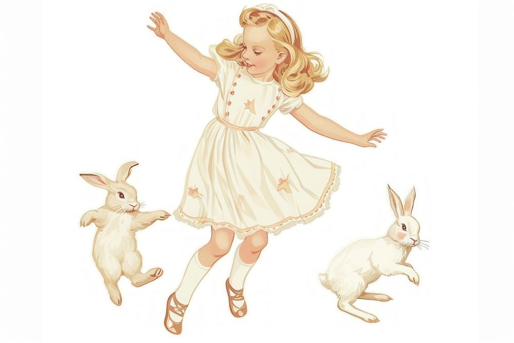 Vintage illustration of little girl mammal rabbit kid.