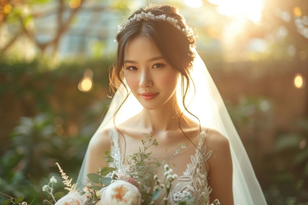 Youth East Asian wedding dress photography portrait.