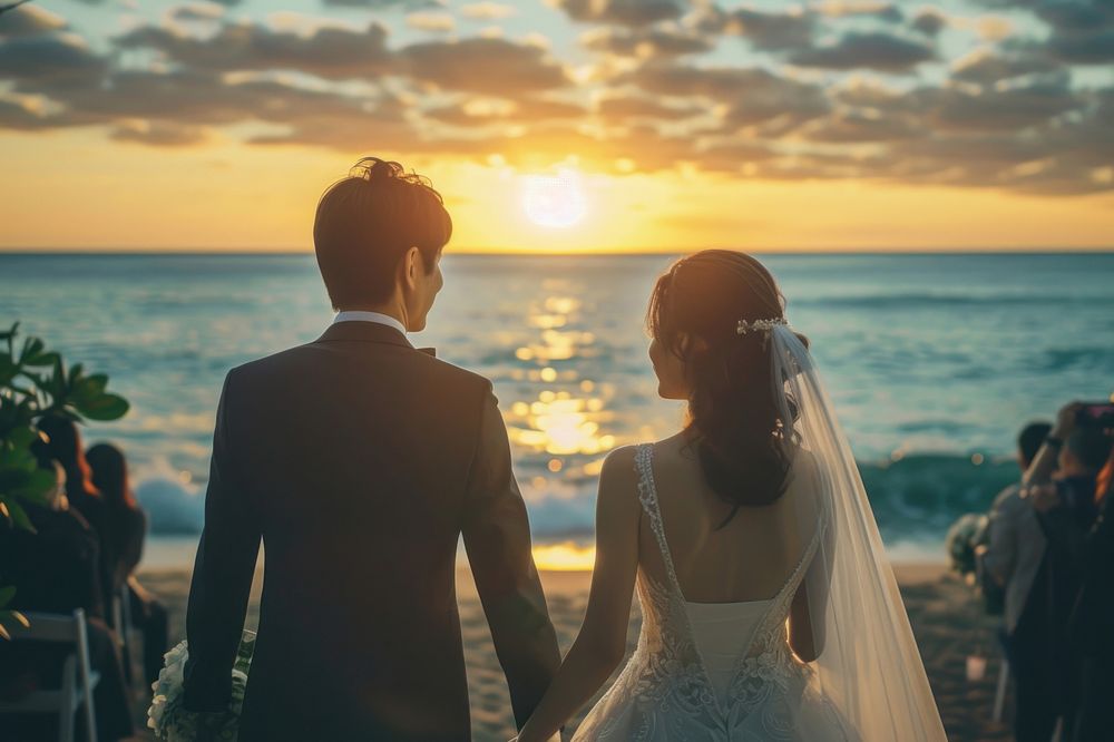 Youth East Asian wedding outdoors nature ocean.