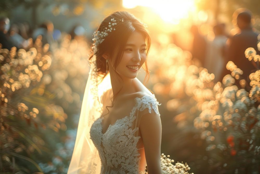Youth East Asian wedding dress photography portrait.