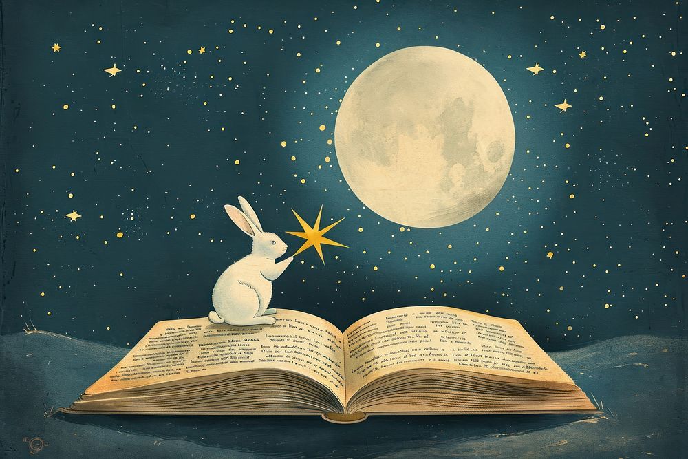 Vintage illustration of open book moon publication astronomy.