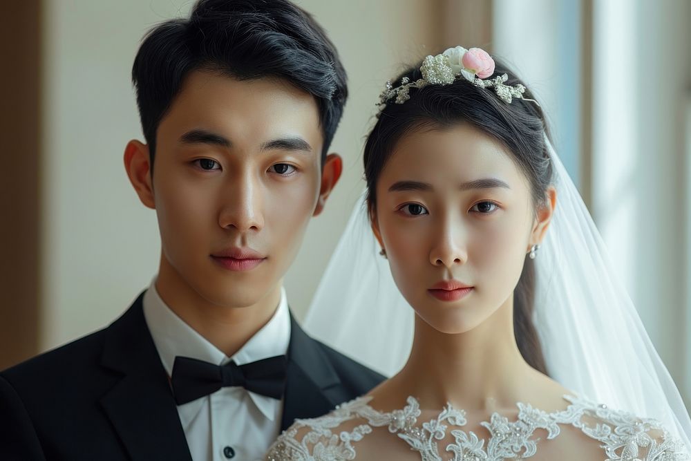 East Asian couple fashion wedding dress.