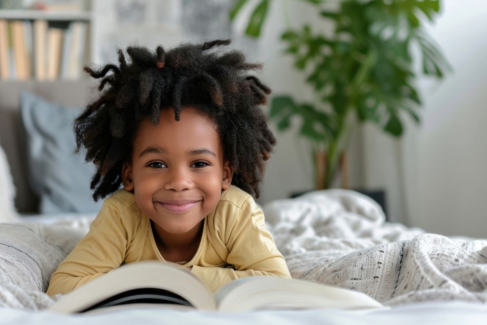 Cute african american kids portrait reading smile.