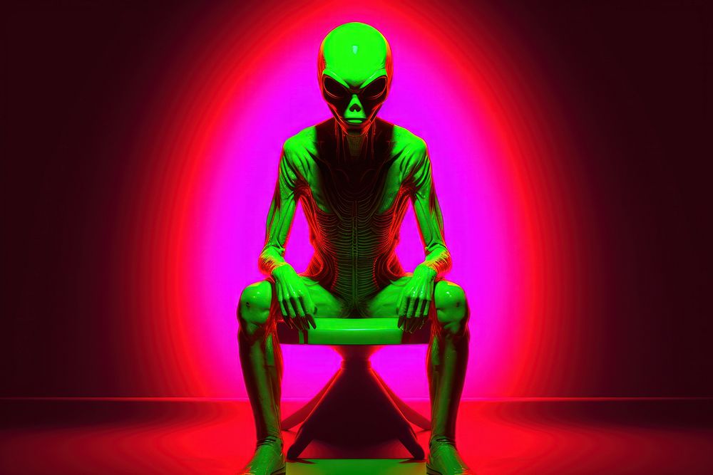 Alien neon rim light illustration green portrait sitting.
