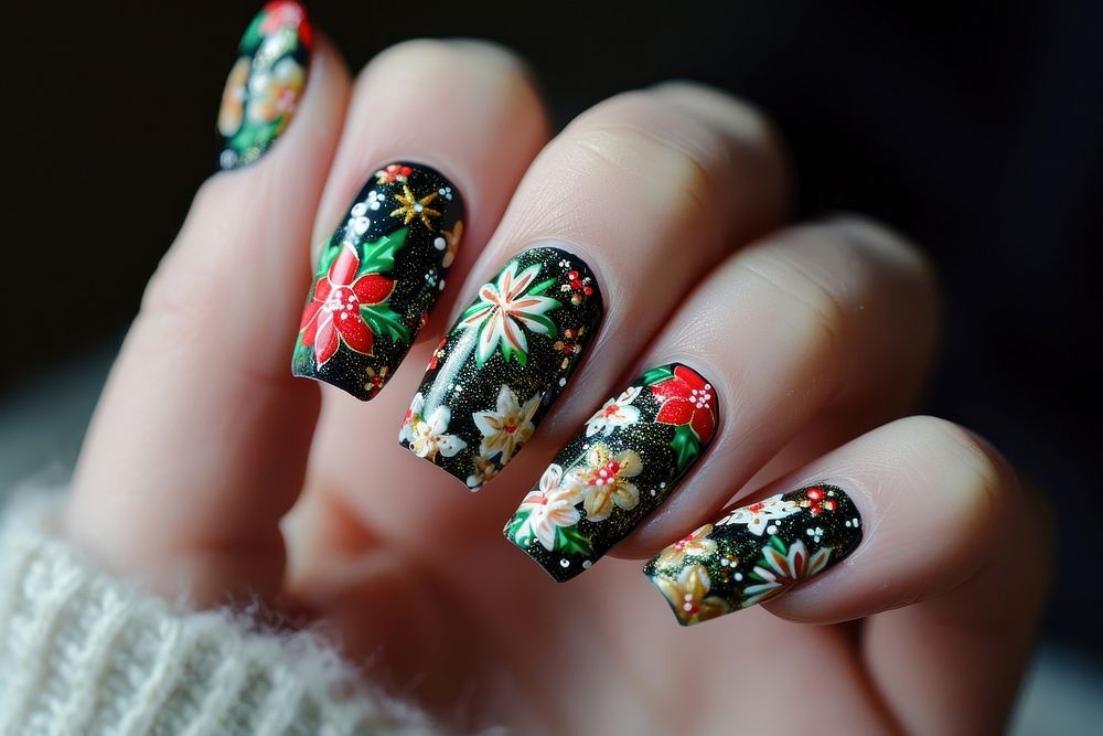 Christmas nails photo manicure finger hand.