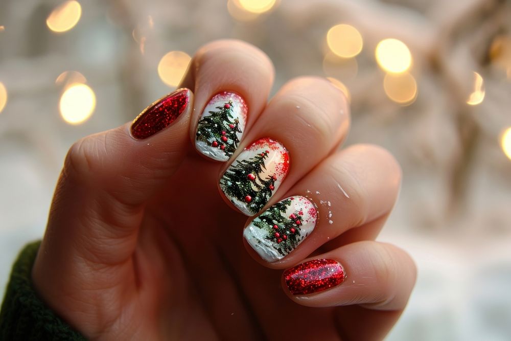 Christmas nails photo manicure finger hand.