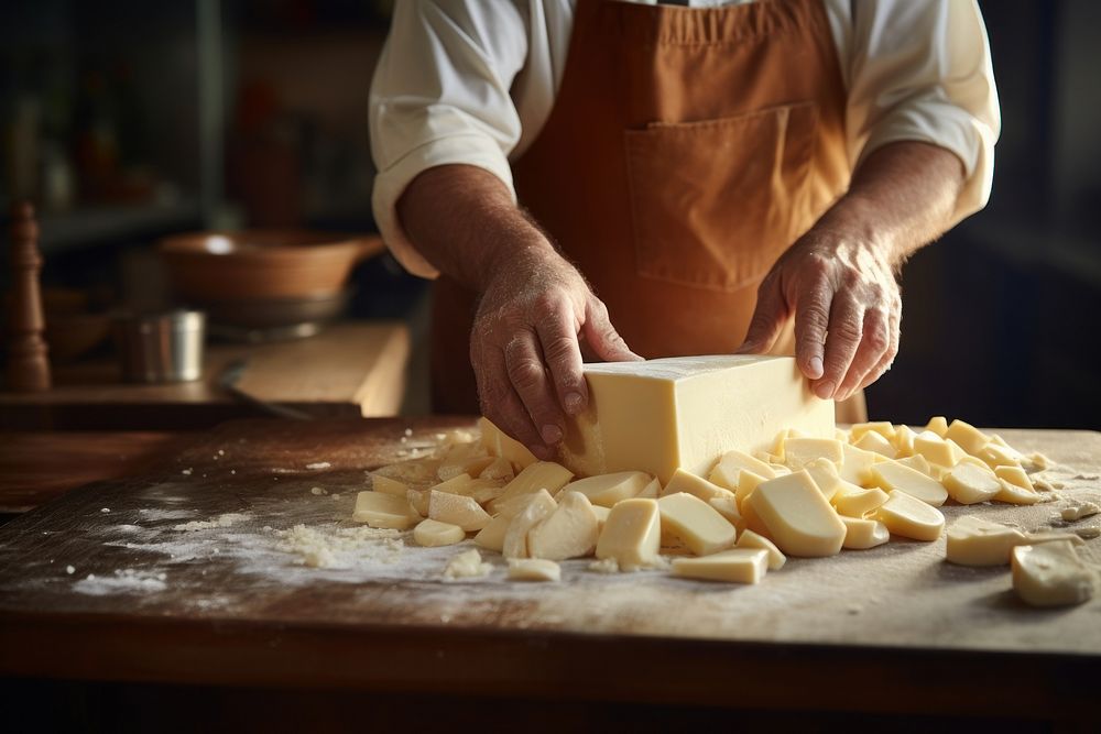 Italian chef precisely graining cheese cooking adult food.