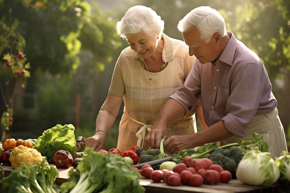 Senior adult couple picking vegetable from backyard garden food togetherness senior adult.
