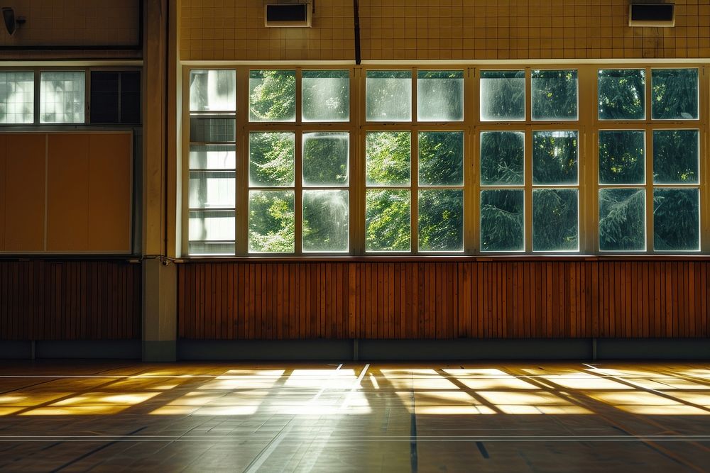 Gym window floor wood.