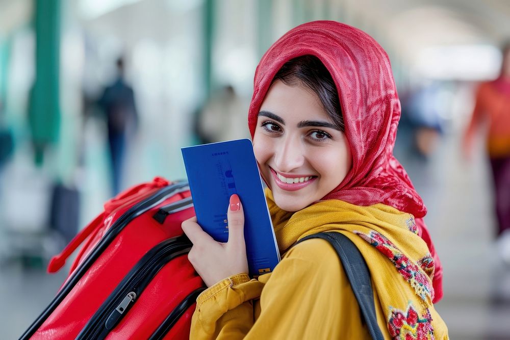 Happy young Iranian tourist woman holding travel smile.