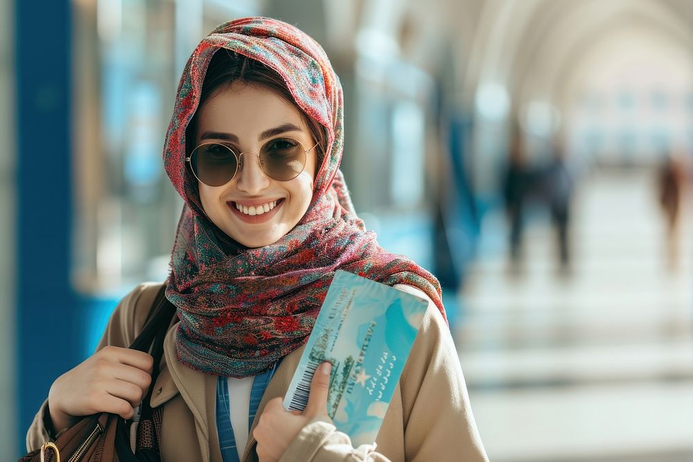 Happy young Iranian tourist woman travel scarf smile.