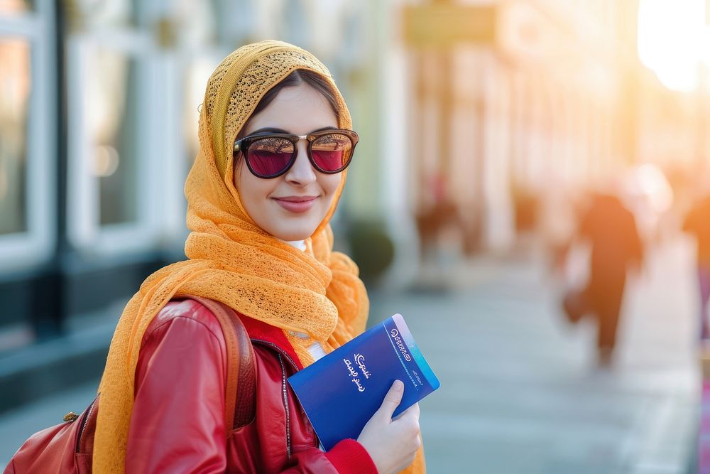 Happy young Iranian tourist woman holding holiday travel.