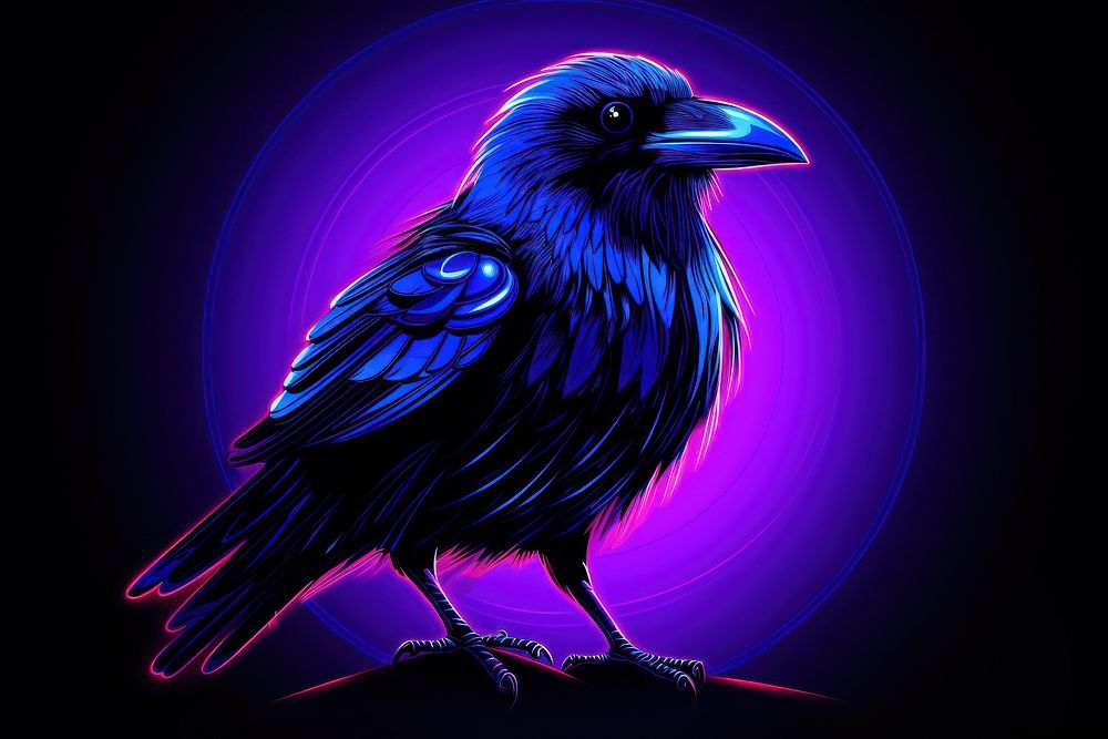 Illustration crow Neon rim light purple animal bird.