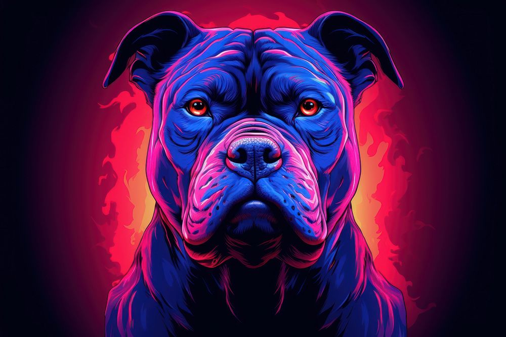 Illustration American Bully neon rim light purple portrait bulldog.