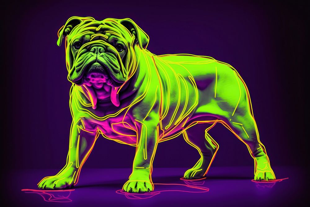 Illustration Bulldog Dog neon rim light bulldog purple animal.