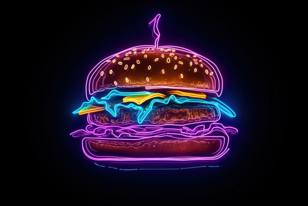 Illustration burger Neon rim light neon purple food.