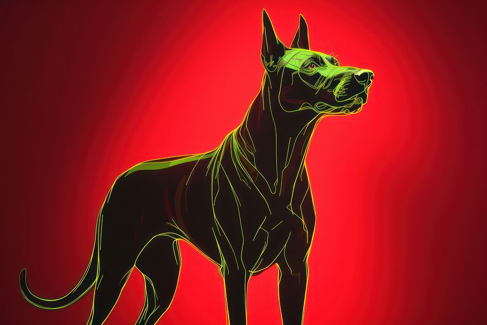 Illustration Dobermann neon rim light mammal animal green.