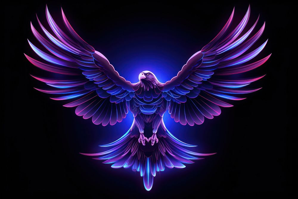 Illustration flying eagle Neon rim light purple blue illuminated.