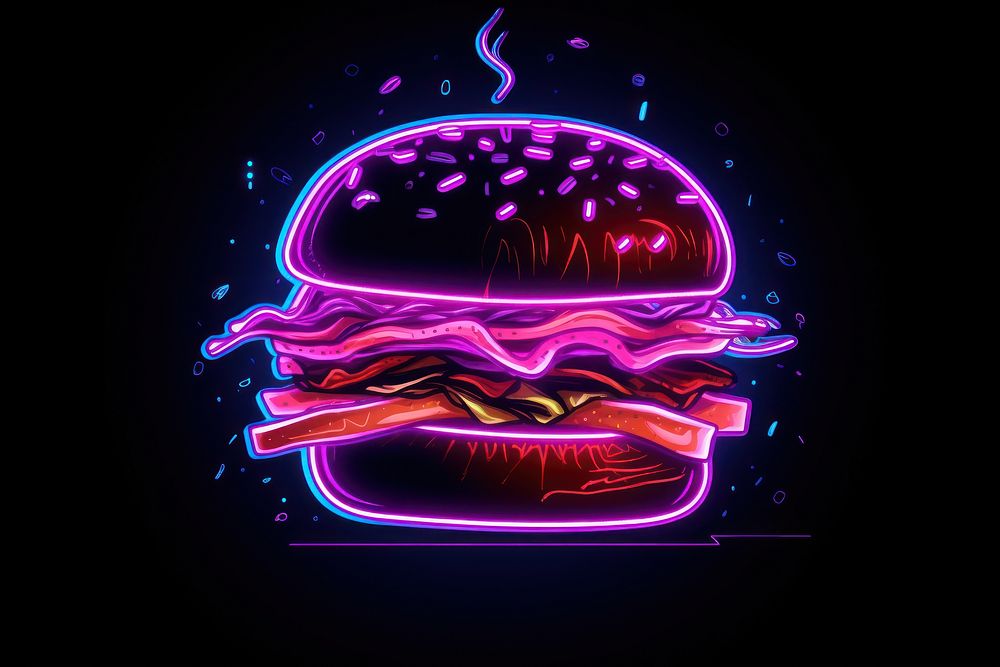Illustration hamburger Neon rim light neon purple illuminated.