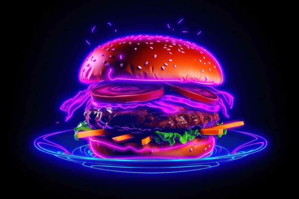 Illustration hamburger Neon rim light purple food illuminated.
