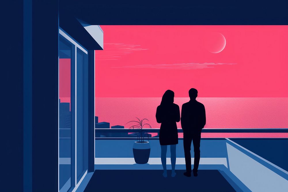 Illustration of a couple looking at the saturn down the balcony at night silhouette togetherness architecture.