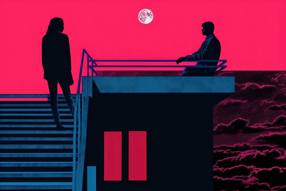 Illustration of a couple looking at the saturn down the balcony at night architecture staircase adult.