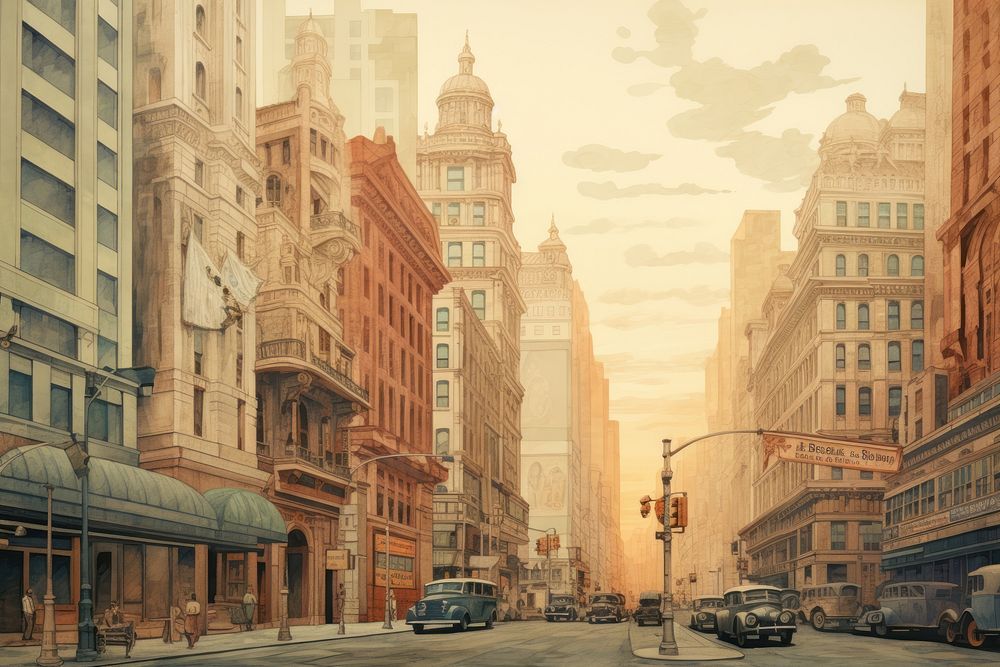 Illustration of new york metropolis outdoors painting.