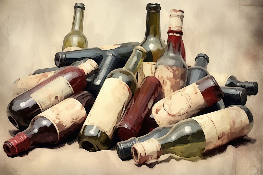 The Overturned wine bottles painting drink refreshment.