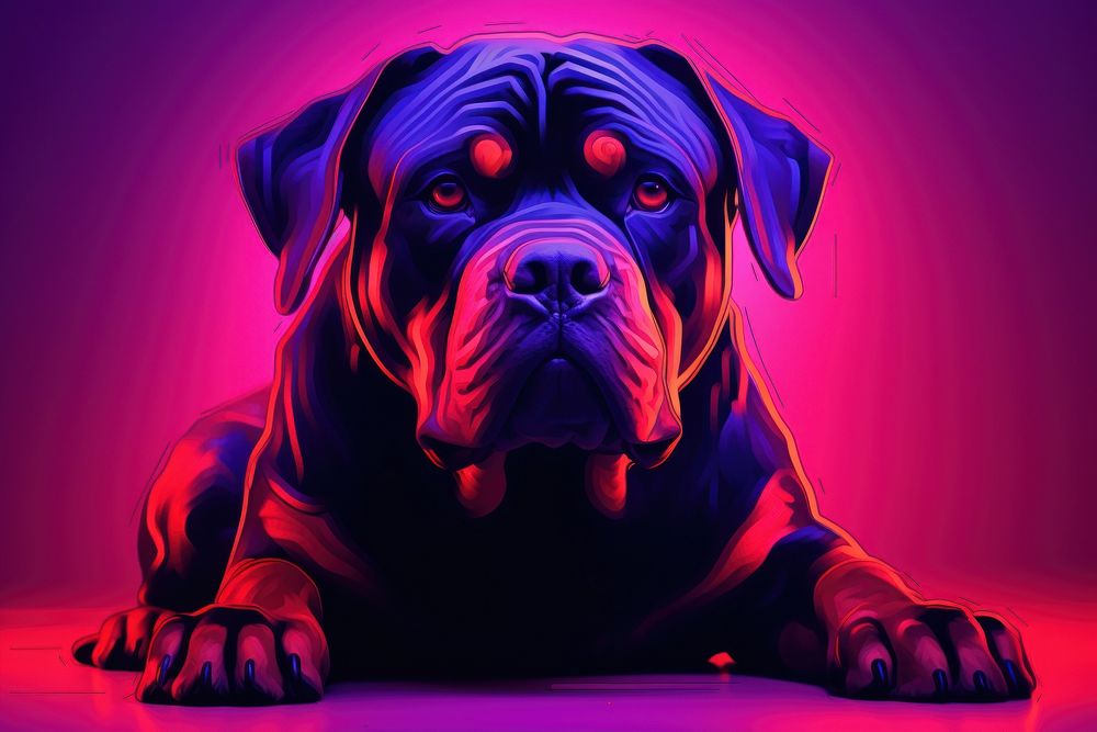 Illustration Rottweiler neon rim light purple portrait bulldog.