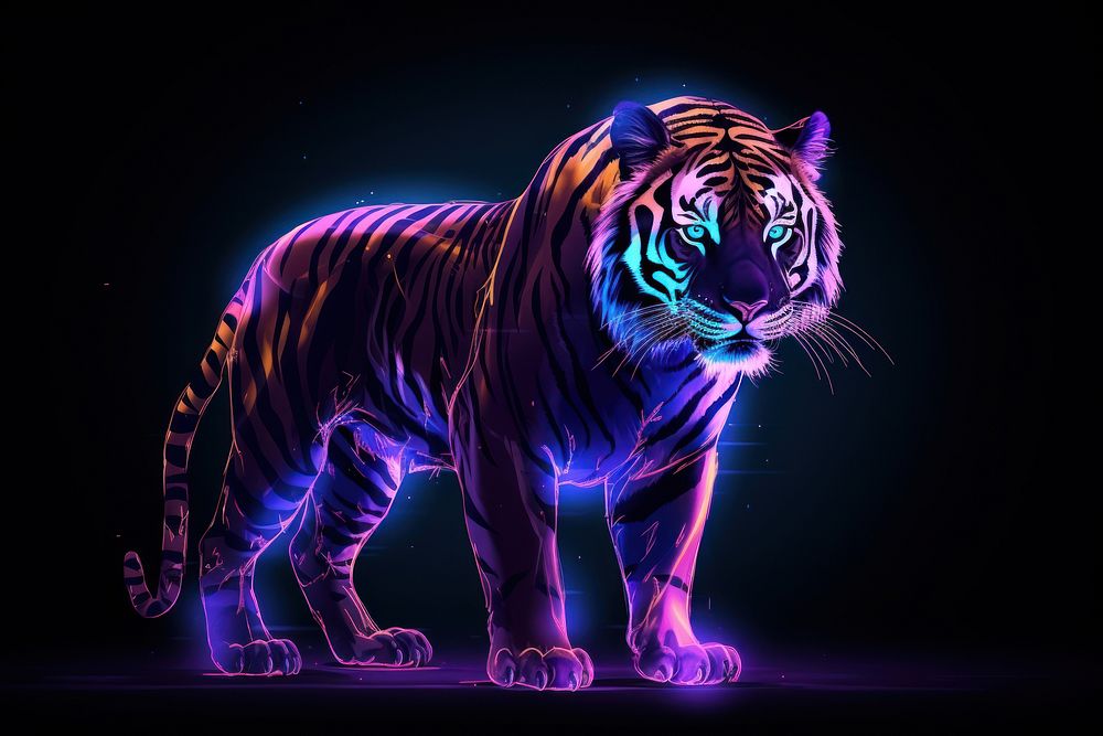 Illustration roaring tiger neon rim light wildlife animal mammal.