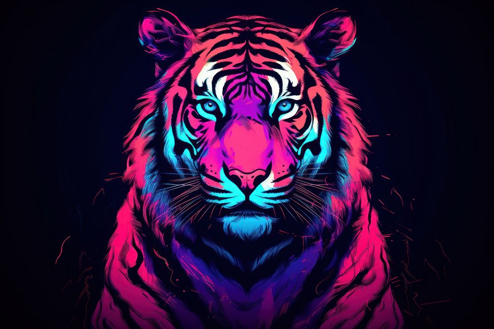 Illustration roaring Bengal tiger neon rim light wildlife portrait animal.