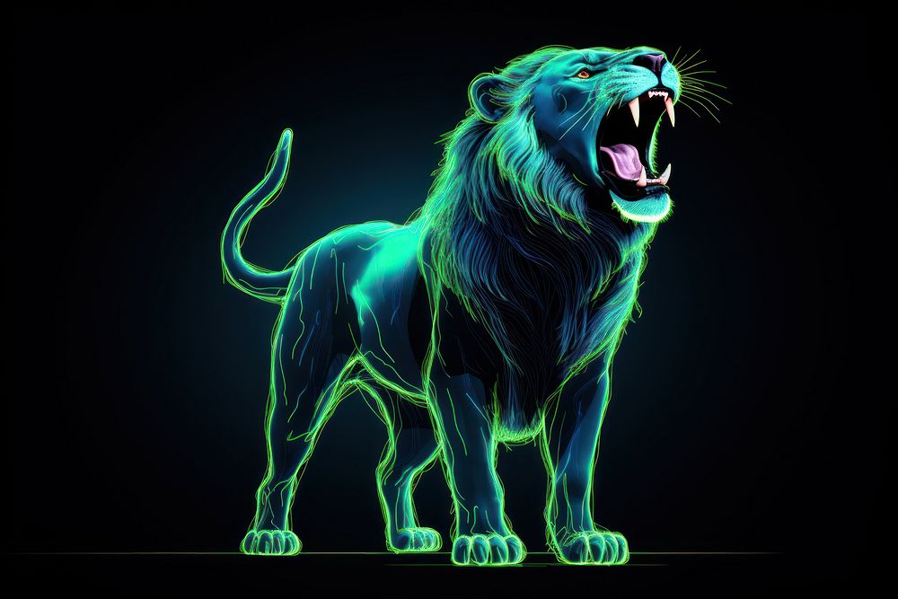 Illustration roaring lion neon rim light animal mammal blue.