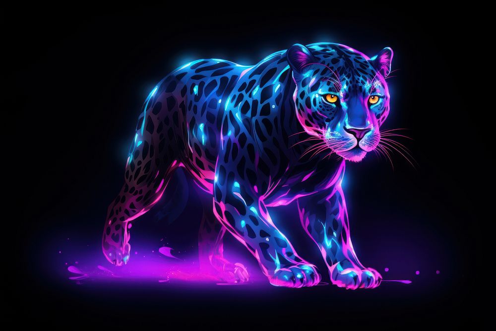 Illustration running leopard neon rim light purple wildlife animal.
