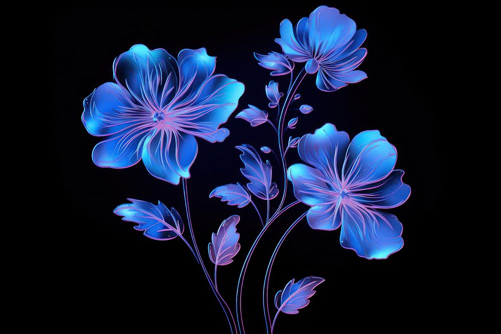 Illustration wild flower neon rim light purple blue art.