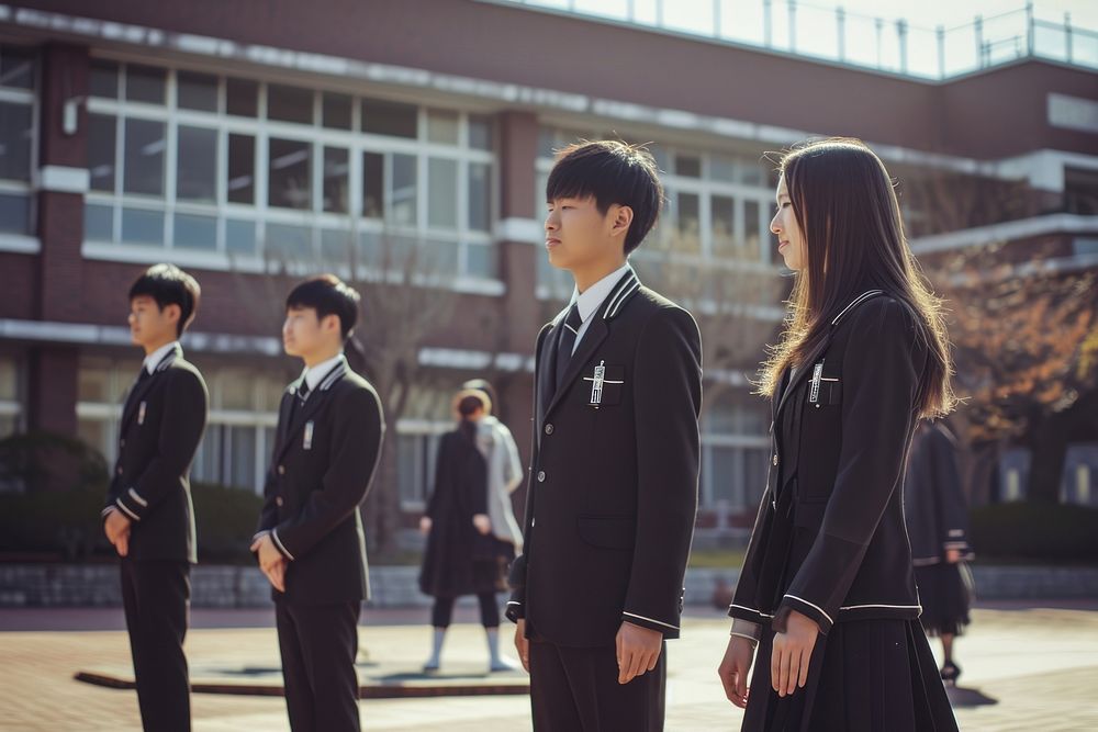 Korean students uniform photo adult architecture togetherness.