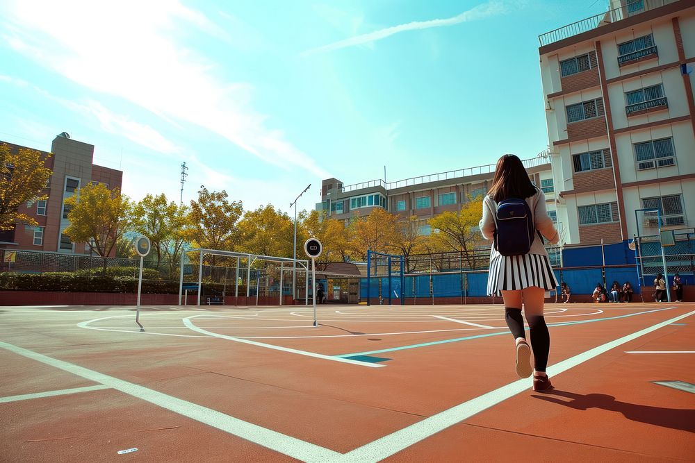 Korean students uniform photo basketball sports architecture.